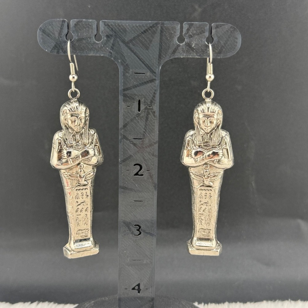 Vintage Egyptian Pierced Earrings Mummy King Tut Silver Tone Halloween